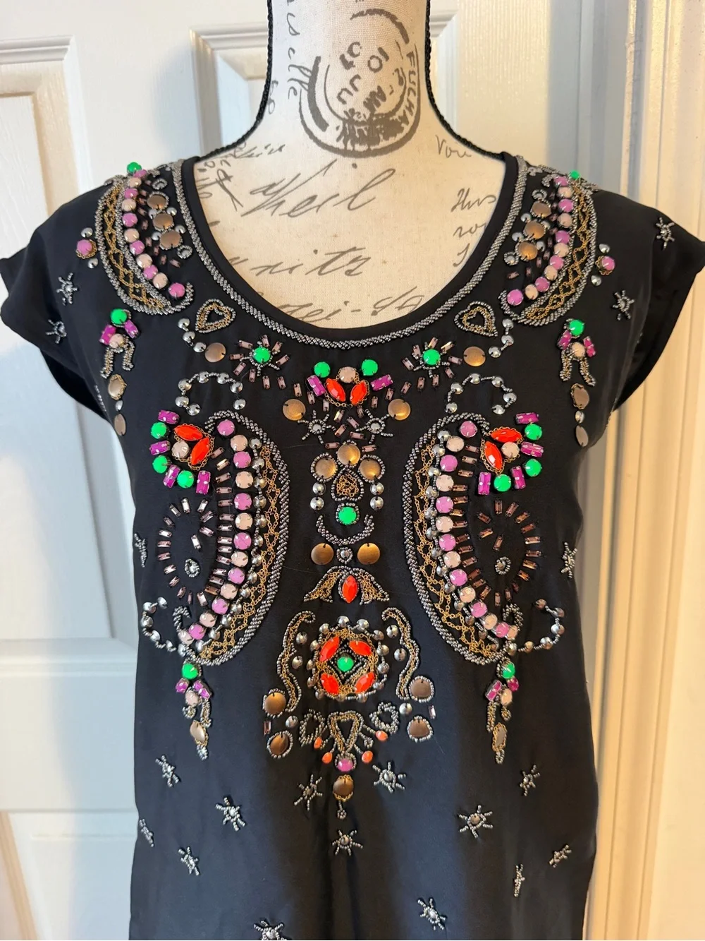 Anthropologie Black Mini Dress with Multicolor Beaded Embellishment